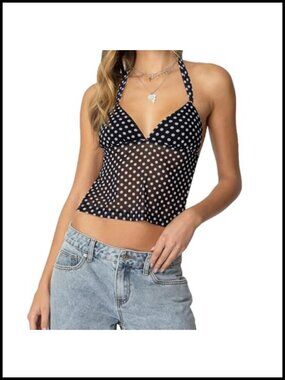 Women Polka Dot Halter Crop Top Low Cut V Neck Open Back Tie Cami